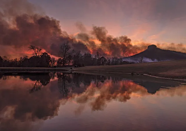 Smoke from the Pilot Mountain State Park wildfire is reflected in a private pond east of the park at sunset, Monday, November 29, 2021, in North Carolina. The fire, which was reported to have started Saturday, has burned more than 500 acres as of Monday night and is expected to burn more as foresters set back fires to protect houses below the mountain. (Photo by Walt Unks/The Winston-Salem Journal via AP Photo)