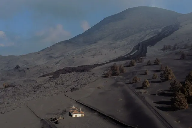 This aerial picture shows a house covered with lava and ashes following the eruption of the Cumbre Vieja volcano, in Las Manchas, on the Canary Island of La Palma on December 14, 2021. The Cumbre Vieja volcano has been erupting since September 19, forcing more than 6,000 people out of their homes as the lava burnt its way across huge swathes of land on the western side of La Palma. (Photo by Jorge Guerrero/AFP Photo)