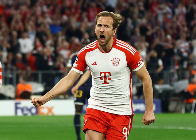 Harry Kane of FC Bayern Munchen celebrates after scoring the second goal from a penalty kick during the UEFA Champions League semi-final first leg match between FC Bayern Munchen and Real Madrid at Allianz Arena on April 30, 2024 in Munich, Germany. (Photo by Kai Pfaffenbach/Reuters)
