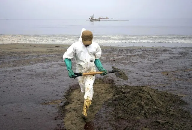 A worker, dressed in a protective suit, cleans Conchitas Beach contaminated by an oil spill, in Ancon, Peru, Thursday, January 20, 2022. The oil spill on the Peruvian coast was caused by the waves from an eruption of an undersea volcano in the South Pacific nation of Tonga. (Photo by Martin Mejia/AP Photo)