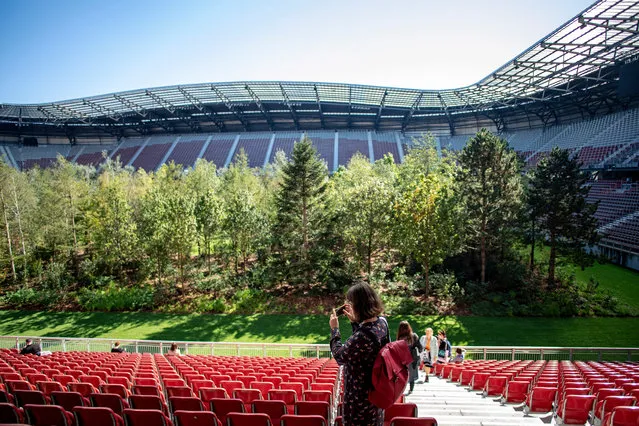 People look at the “For Forest – The Unending Attraction of Nature” art installation during a press preview at the Woerthersee Stadium, in Klagenfurt am Woerthersee, Austria, 05 September 2019. The installation by Swiss artist and art mediator Klaus Littmann was inspired by a pencil drawing of Austrian artist Max Peintner. It consists of 300 trees and will be open for public on the pitch from 08 September to 27 October 2019. (Photo by  Christian Bruna/EPA/EFE)