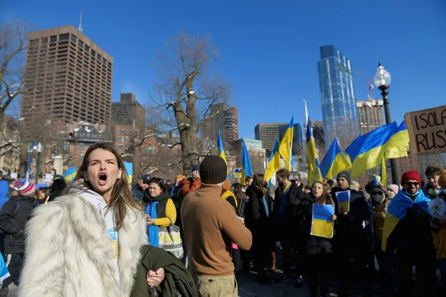 People protest against Russia's invasion of Ukraine, in front of the State House in Boston, Massachusetts, U.S. February 27, 2022. (Photo by Faith Ninivaggi/Reuters)