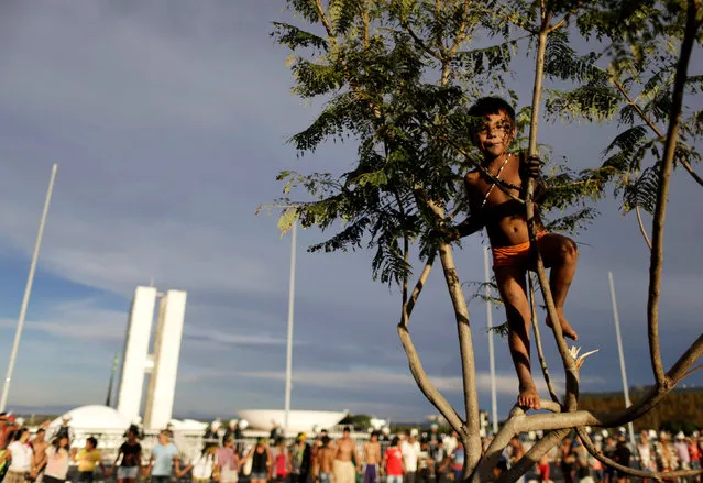 A Brazilian Indian takes part in a demonstration against the violation of indigenous people's rights, in Brasilia, Brazil April 27, 2017. (Photo by Ueslei Marcelino/Reuters)