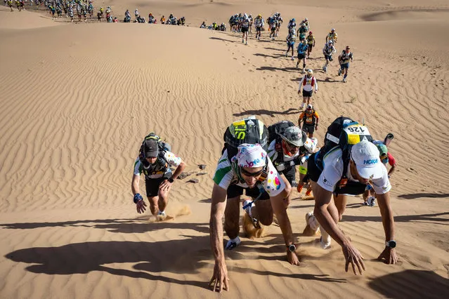 Competitors take part in the Stage 2 of the 36th edition of the Marathon des Sables between Ouest Aguenoun n'Oumerhiout and Rich Mbirika in the Moroccan Sahara desert, central Morocco, on March 28, 2022. (Photo by Jean-Philippe Ksiazek/AFP Photo)