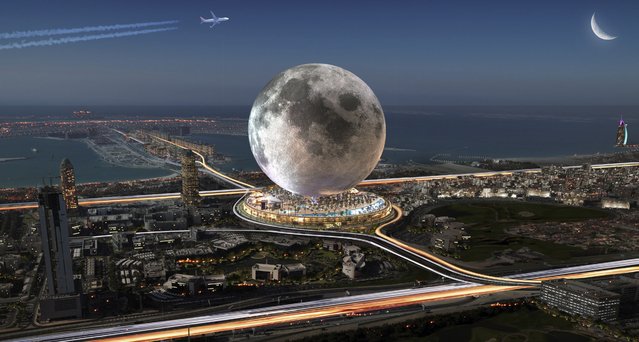 This artist rendering shows the $5 billion project, MOON envisioned on the Dubai Pearl, a coveted plot of land at the base of The Palm Jumeirah. A proposed $5 billion real estate project wants to take skyscraper-studded Dubai to new heights by bringing a part of the heavens down to Earth. Canadian entrepreneur Michael Henderson envisions building a 274-meter (900-foot) replica of the moon atop a 30-meter (100-foot) building in Dubai, already home to the world's tallest building and other architectural wonders. (Photo by Michael Henderson/Moon World Resorts via AP Photo)