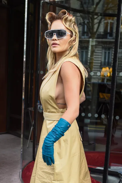 Rita Ora is seen at Hotel Le Royal Monceau in Paris, France on March 3, 2020. The 29 year old English singer and actress wore a tan dress and white leather boots. (Photo by The Image Direct)