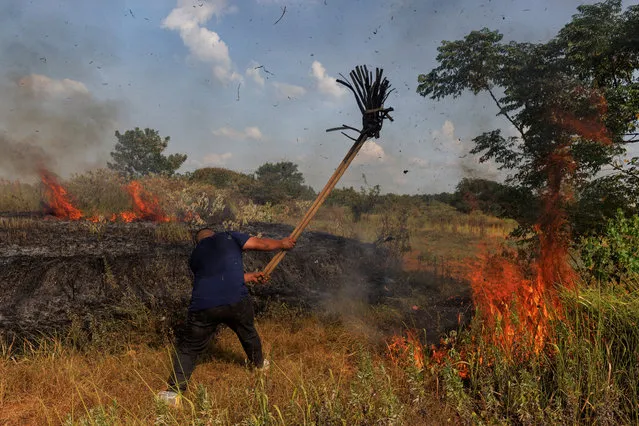 A villager attempts to put out a brush fire with a mop during a drought in Xinyao village, Nanchang city, Jiangxi province, China on August 25, 2022. (Photo by Thomas Peter/Reuters)