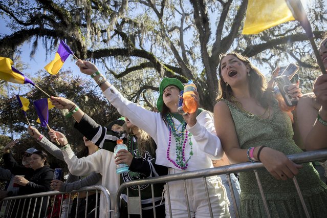Ashley Pincheon cheers during the St. Patrick's Day parade, Monday, March 17, 2025, in Savannah, Ga. (Photo by Stephen B. Morton/AP Photo)