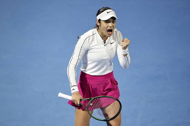 Emma Raducanu of Great Britain reacts in her match against Elena-Gabriela Ruse of Romania during the 2024 Women's ASB Classic at ASB Tennis Centre on January 02, 2024 in Auckland, New Zealand. (Photo by Dave Rowland/Getty Images)
