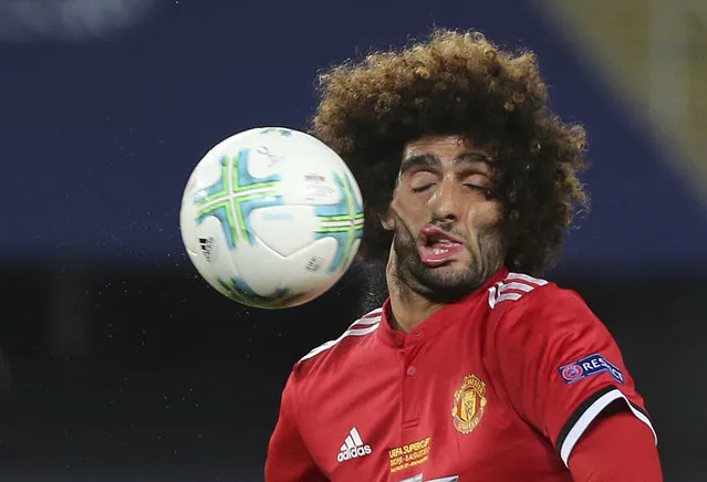 Manchester United's Marouane Fellaini heads the ball during the UEFA Super Cup final soccer match between Real Madrid and Manchester United at Philip II Arena in Skopje, on August 8, 2017. (Photo by Boris Grdanoski/AP Photo)