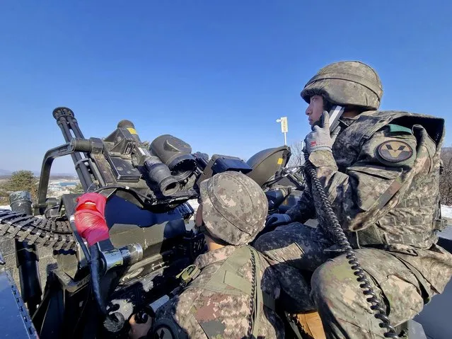 In this photo provided by South Korea Defense Ministry, South Korean soldiers operate a vulcan automatic cannon during a military exercise in Yangju, South Korea, Thursday, December 29, 2022. South Korea staged large-scale military drills Thursday to simulate shooting down drones as a step to bolster its readiness against North Korean provocations, three days after the North flew drones into its territory for the first time in five years.(Photo by South Korea Defense Ministry via AP Photo)