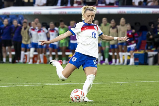 England's Chloe Kelly scores the winning penalty in the penalty shoot-out of the UEFA Women's EURO 2025 final soccer match between England and Spain, in Basel, Switzerland, 27 July 2025. (Photo by Jean-Christophe Bott/EPA)