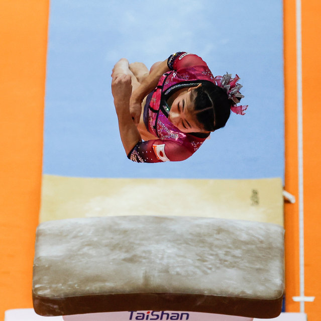 Rina Kishi of Japan competes in the Women’s vault exercise of the All-Around Qualifications at the FIG Artistic Gymnastics World Championships 2025 in Jakarta, Indonesia, 20 October 2025. (Photo by Mast Irham/EPA)