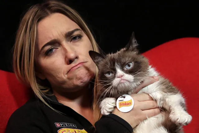 In this November 14, 2016 photo, Grumpy Cat poses for photos with her owner Tabatha Bundesen in New York. The social media star posted her Top 10 pet peeves on her new blog at Pawculture.com. (Photo by Richard Drew/AP Photo)
