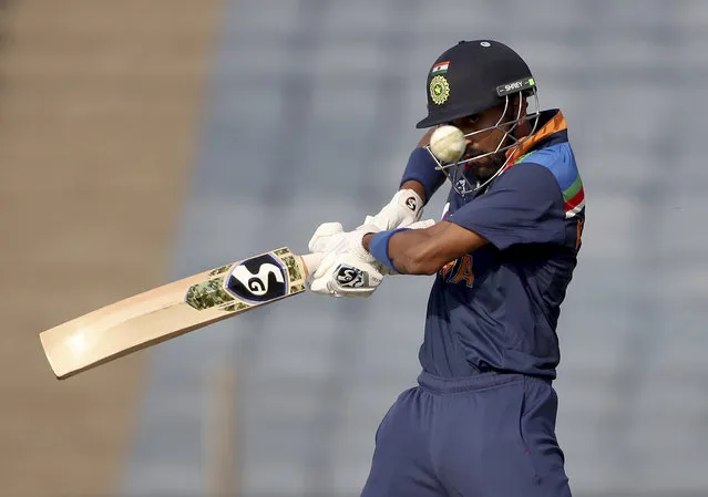 India's Krunal Pandya plays a shot during the third One Day International cricket match between India and England at Maharashtra Cricket Association Stadium in Pune, India, Sunday, March 28, 2021. (Photo by Rafiq Maqbool/AP Photo)