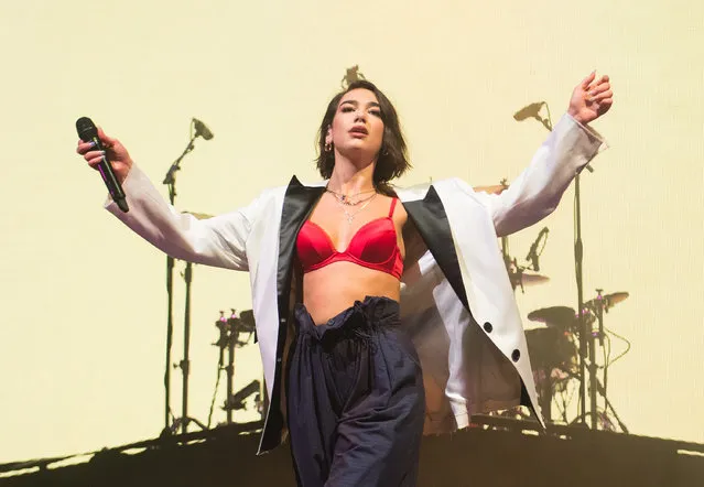 Dua Lipa performs live on stage at Alexandra Palace on April 20, 2018 in London, England. (Photo by Samir Hussein/Redferns)