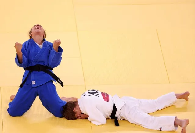 Odette Giuffrida of Team Italy celebrates after defeating Reka Pupp of Team Hungary during the Women’s Judo 52kg Contest for Bronze Medal A on day two of the Tokyo 2020 Olympic Games at Nippon Budokan on July 25, 2021 in Tokyo, Japan. (Photo by Harry How/Getty Images)