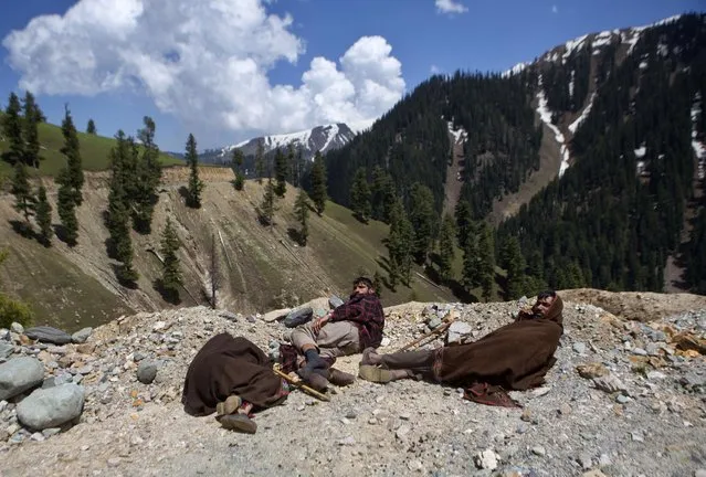 Kashmiri nomads rest on the side of a hillock near Dubgan, 70 kilometers (43 miles) south of Srinagar, India, Wednesday, May 20, 2015. (Photo by Dar Yasin/AP Photo)