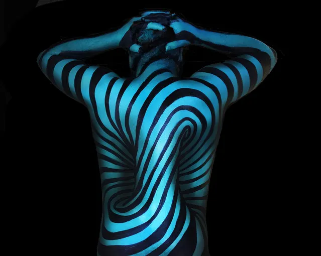 A talented body painter has created a series of mind-bending illusions that cover entire torsos. Natalie Fletcher’s work are enough to make people double-take, the spiraling patterns of some appearing to fade into the abyss. In other works, the artists designs look as though they are never ending, while some show body parts appearing to protrude from models chests. The idea behind the ongoing series came to Natalie, 30, as a means of keeping entertained during the winter months. Here: Optical illusion bodypaint. (Photo by Natalie Fletcher/Cater News)