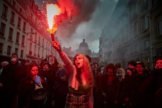 Protestors demonstrate outside the French Senate against the Global Security Law which goes before the Senate today on March 16, 2021 in Paris, France. Opponents claim the law authorises the use of cameras, video surveillance, and drones by the police, whilst also restricting the filming of the police during their operations, alarming journalists and activists saying civil liberties and press freedom could be compromised. (Photo by Kiran Ridley/Getty Images)