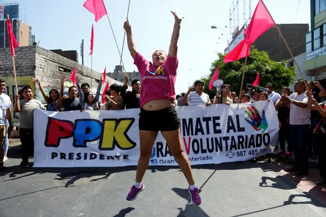 Supporters of Peru's presidential candidate Pedro Pablo Kuczynski react in Lima, Peru May 1, 2016. (Photo by Janine Costa/Reuters)