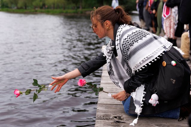 A Massachusetts Institute of Technology (MIT) student tosses a flower into the Charles River after she and other students walked out in protest as a show of support for Palestine during commencement ceremonies at MIT in Cambridge, Massachusetts, USA, 30 May 2024. Hundreds of students chanted slogans, temporarily blocked traffic, and left flowers in the Charles River in honor of Palestinian children killed since the Israeli military moved into Gaza. (Photo by C.J. Gunther/EPA/EFE)