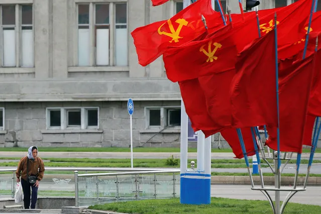 A woman walks near flags of the Workers' Party of Korea (WPK) placed in central Pyongyang, North Korea May 4, 2016. (Photo by Damir Sagolj/Reuters)
