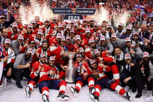 The Florida Panthers celebrate wininng the Stanley Cup against the Edmonton Oilers in game seven of the 2024 Stanley Cup Final in Sunrise, Florida on June 25, 2024. (Photo by Jim Rassol/USA TODAY Sports)
