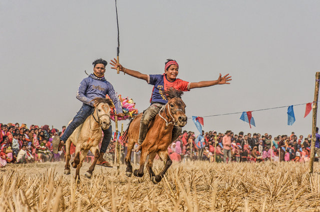 Riders of all ages compete against each other in a traditional horse race in Tanore Upazlia, Bangladesh in the last decade of June 2024. (Photo by Bipul Ahmed/Solent News)