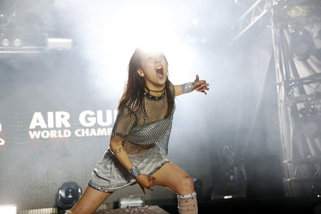 The winner Nanami “Seven Seas” Nagura of Japan performs during the Air Guitar World Championships in Oulu, Finland, on August 25, 2023. (Photo by Eeva Riihelä/Lehtikuva via AFP Photo)