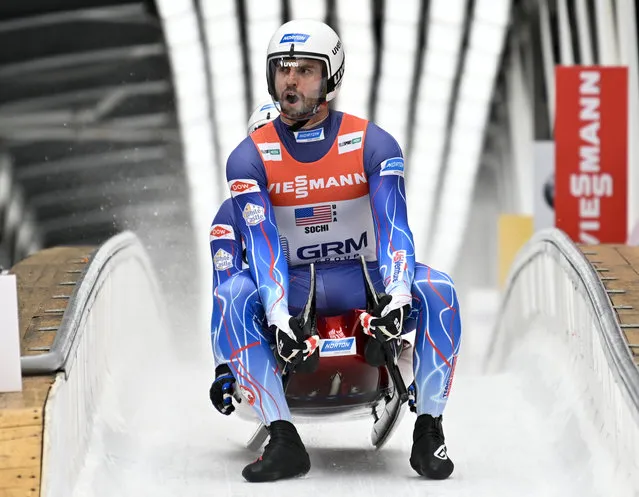 Chris Mazdzer and Jayson Terdiman of United States finish their team relay race at the World Luge Championships in Krasnaya Polyana, near the Black Sea resort of Sochi, southern Russia, Sunday, February 16, 2020. (Photo by Artur Lebedev/AP Photo)