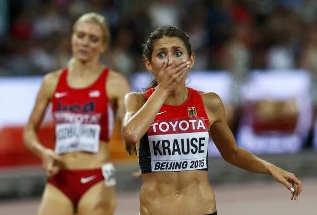 Gesa Felicitas Krause of Germany reacts after finishing third in the women's 3,000 metres steeplechase final during the 15th IAAF World Championships at the National Stadium in Beijing, China August 26, 2015. (Photo by David Gray/Reuters)