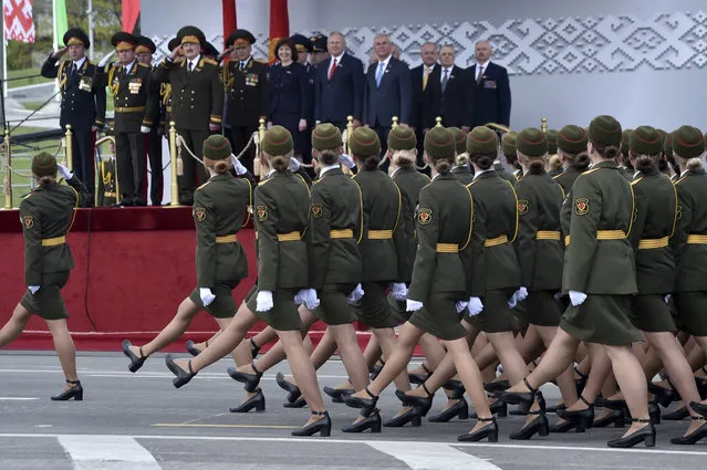 Belarus' servicewomen take part in a military parade that marked the 75th anniversary of the allied victory over Nazi Germany, in Minsk, Belarus, Saturday, May 9, 2020. (Photo by Sergei Gapon/Pool via AP Photo)