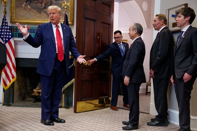 President Donald Trump, accompanied by (R-L) , OpenAI CEO Sam Altman, SoftBank CEO Masayoshi Son, and Oracle CTO Larry Ellison speaks as he leaves a news conference in the Roosevelt Room of the White House on January 21, 2025 in Washington, DC. Trump announced an investment in artificial intelligence (AI) infrastructure and took questions on a range of topics including his presidential pardons of Jan. 6 defendants, the war in Ukraine, cryptocurrencies and other topics. (Photo by Andrew Harnik/Getty Images)