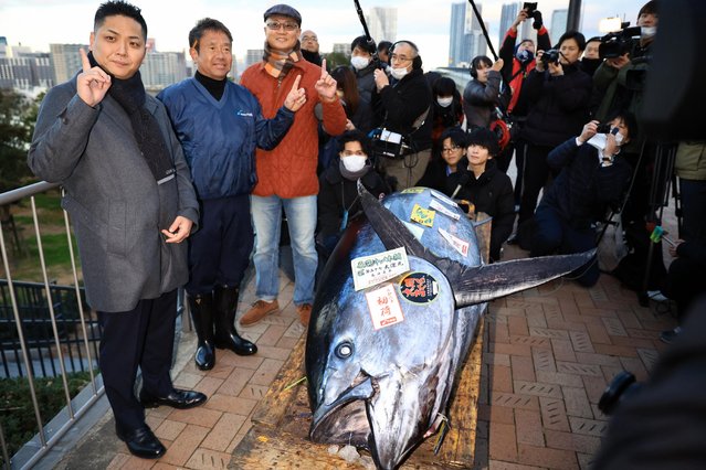 A bluefin tuna, which was auctioned with the price of 114.24 million Japanese yen (approximately 857,731 U.S. dollars) is seen after the first tuna auction of the New Year at Toyosu Wholesale Fish Market on January 5, 2024 in Tokyo, Japan. (Photo by The Asahi Shimbun via Getty Images)