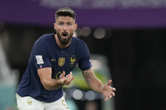 France's Olivier Giroud protest a referee's Jesus Valenzuela from Venezuela call during the World Cup round of 16 soccer match between France and Poland, at the Al Thumama Stadium in Doha, Qatar, Sunday, December 4, 2022. (Photo by Moises Castillo/AP Photo)