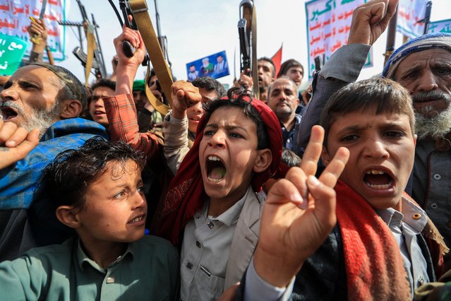 Yemeni children chant slogans during a rally in solidarity with Palestinians and the Gaza Strip and in condemnation of Israel and the US, in the Huthi-run capital Sanaa on May 23, 2025. (Photo by Mohammed Huwais/AFP Photo)
