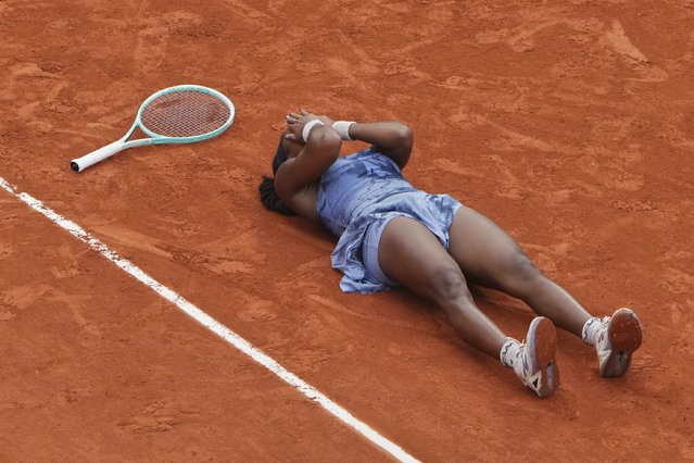 United States' Coco Gauff celebrate after winning the final match of the French Tennis Open at the Roland-Garros against Aryna Sabalenka of Belarus n Paris, Saturday, June 7, 2025. (Photo by Lindsey Wasson/AP Photo)