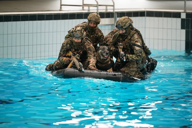 Members of the Kommando Spezialkraefte (KSK) military special forces unit demonstrate how they train dogs for water operations during a visit by Scholz to the main KSK training facility on March 05, 2024 in Calw, Germany. The KSK is an elite unit of the Bundeswehr, the German armed forces, and participates in NATO's Special Operations Land Task Groups (SOLTG). (Photo by Thomas Niedermueller/Getty Images)