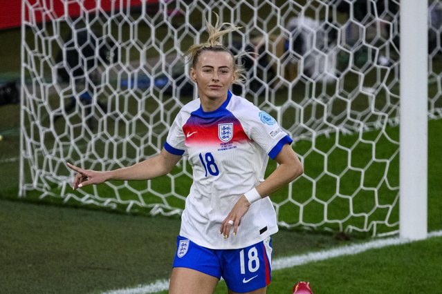 Chloe Kelly of England celebrates her goal during the penalty decision of UEFA Women's EURO 2025 Final match between England and Spain at St. Jakob-Park on July 27, 2025 in Basel, Switzerland. (Photo by Marcio Machado/Eurasia Sport Images/Getty Images)