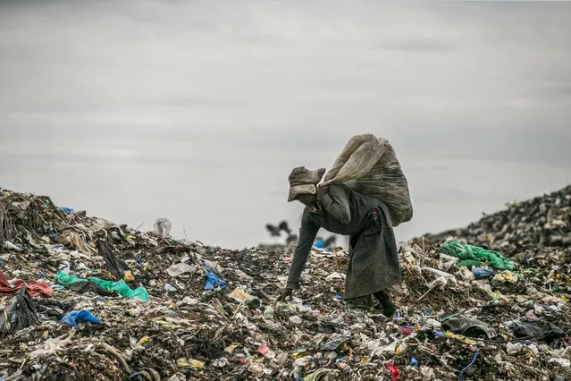 A woman walks on the Dandora rubbish Dump on March 14, 2018 in Nairobi, Kenya. The Dandora landfield is located 8 Kilometer east of the city center of Nairobi, the capital of Kenya. Every day, more than 2.000 metric tonnes of waste are dumped on this site. More than 3000 pickers work day by day at the sprawling 30-acre rubbish dump. (Photo by Jan Hetfleisch/Getty Images)