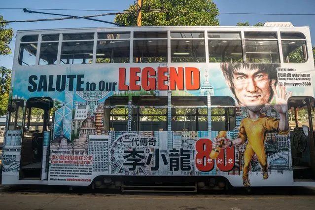 A tram renovated with Bruce Lee themed artworks to celebrate the 80th Anniversary of the birth of Bruce Lee seen at the Whitty Street Tram Depot in Hong Kong, China on November 27, 2020. Whitty Street Tram Depot is the only tram depot in Hong Kong. It operates as the a terminus as well as storage facility and maintenance workshop for the 165 trams operating in Hong Kong. (Photo by Geovien So/SOPA Images/LightRocket via Getty Images)