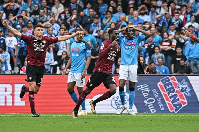 Salernitana's Senegalese forward Boulaye Dia (C) celebrates after scoring an equalizer during the Italian Serie A football match between Napoli and Salernitana on April 30, 2023 at the Diego-Maradona stadium in Naples. Naples braces for its potential first Scudetto championship win in 33 years. With a 17 point lead at the top of Serie A, southern Italy's biggest club is anticipating its victory in the Scudetto for the first time since 1990. (Photo by Filippo Monteforte/AFP Photo)