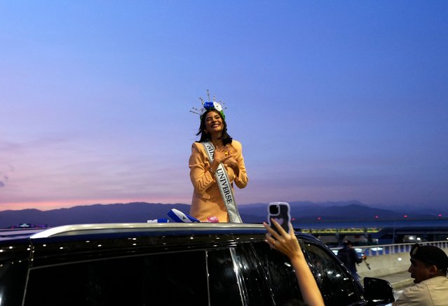 Miss Universe 2023 Nicaraguan Sheynnis Palacios smiles to supporters after arriving at Tocumen International Airport in Panama City on July 29, 2024. Palacios will be the guest of honor at the Miss Panama 2024 pageant on August 3. (Photo by Arnulfo Franco/AFP Photo)