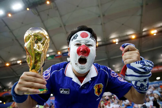 A Japan' s fan cheers before the start of the Russia 2018 World Cup round of 16 football match between Belgium and Japan at the Rostov Arena in Rostov- On- Don on July 2, 2018. (Photo by Marko Djurica/Reuters)