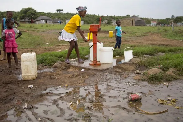 Children pump water at the last tap with running water in their village after water to the other communal taps was cut off due to drought in Masotsheni, north of Durban, South Africa on January 22, 2016. (Photo by Rogan Ward/Reuters)
