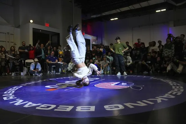 Logan Edra, left, also known as B-Girl Logistx, battles Sunny Choi, B-Girl Sunny, during the final round in the Breaking for Gold Big Apple breakdancing regional competition Saturday, April 22, 2023, in the Brooklyn borough of New York. The hip-hop dance form makes its official debut at the Paris Games in 2024. (Photo by Frank Franklin II/AP Photo)
