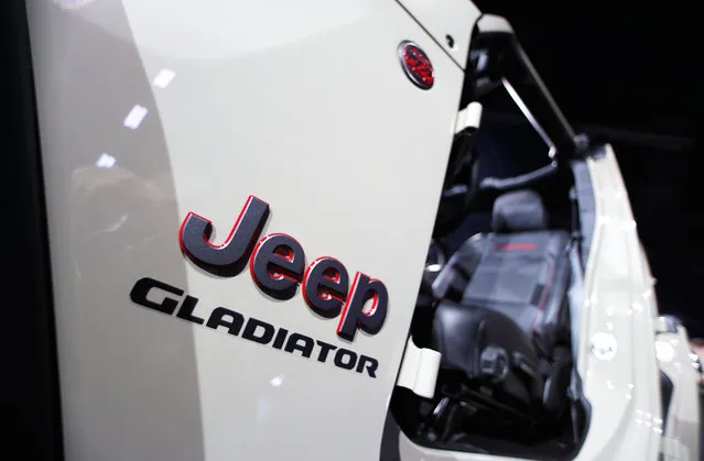 The logo for the 2020 Jeep Gladiator is displayed during a Jeep press conference at the Los Angeles Auto Show in Los Angeles on November 28, 2018. (Photo by Mike Blake/Reuters)
