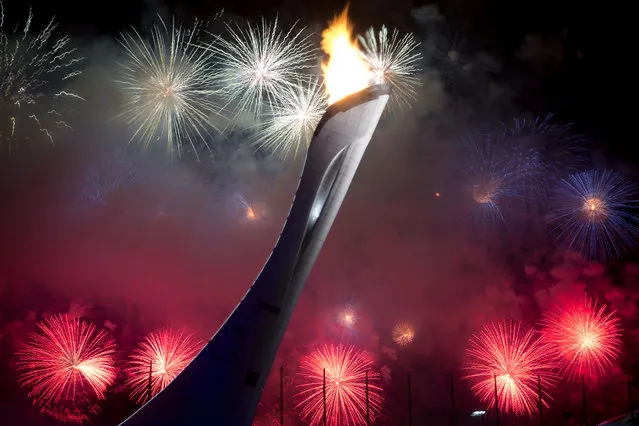 Fireworks explode behind the Olympic torch after it was lit at end of the opening ceremony for the 2014 Winter Olympics in Sochi, Russia, Friday, February 7, 2014. (Photo by Bernat Armangue/AP Photo)