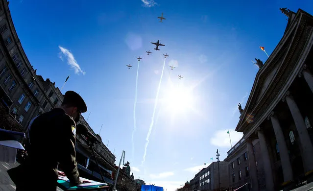 General view of the flyover at the Easter Sunday Commemoration Ceremony and Parade from OConnell Street on March 27, 2016 in Dublin, Ireland. Today marks the 100th anniversary of the Easter Rising in the Republic of Ireland when in 1916 a rebellion was attempted to oust British rule of the country. (Photo by Maxwells/Irish Government - Pool/Getty Images)